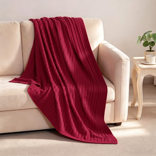 NTBAY 100% Pure Cotton Cable Knit Throw Blanket, Super Soft Warm 51x67 Knitted Throw Blanket for Couch, Sofa, Chair, Bed - Extra Cozy, Machine Washable, Comfortable Home Decor, Red - color: Red, size: Throw(51"x67")