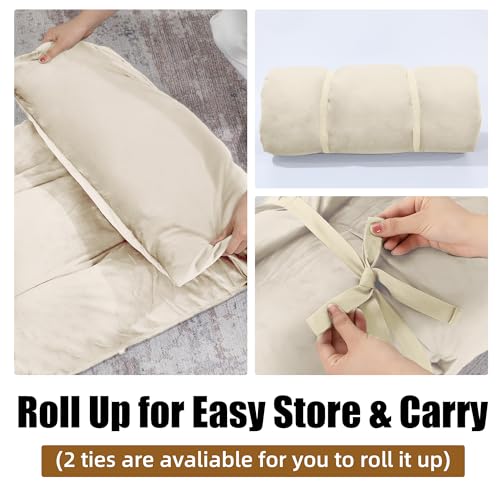HOMBYS Floor Lounger Pillow Foldable and Tufted Design Long Floor Cushion for Yoga, Reading, Sleeping, Meditation, Elastic Band for Roll Up and Easy Storage, Machine Washable (Beige, 62"x27") - color: Beige, size: 62"x27"