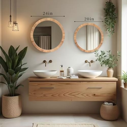 FUIN 25" Boho Chic Round Rattan Mirror - Handmade Wicker Frame - Perfect for Rustic Farmhouse Décor - color: Rattan, size: 25"L x 25"W
