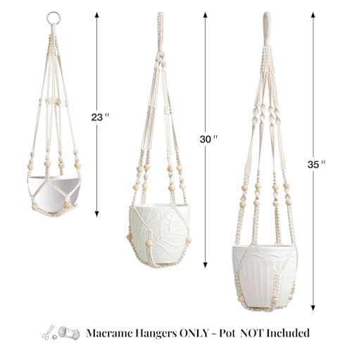 LEWESU 3 Pack Macrame Plant Hanger Indoor 3 Different Sizes Hanging Planter Basket Flower Pot Holder with Wood Beads & No Tassels for Boho Home Decor, 23, 30, 35 Inch, Ivory (Pot Not Included) - color: Ivory, size: 23" + 30" + 35"