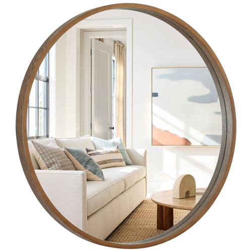 WallBeyond Round Wood Mirror, 36" Round Modern Decoration Large Circle Wall Mirror for Bathroom Living Room Bedroom Entryway, Walnut - color: Walnut, size: 36"L x 36"W
