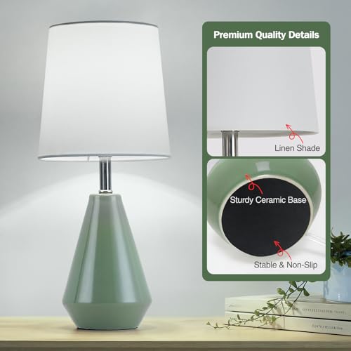Small Bedside Table Lamp for Bedroom - Reading Desk Lamp with 3 Color Temperatures，15.5" Nightstand Ceramic Lamp with Fabric Shade for Kids Room,Living Room,Dorm,Home Office (Green+White) - color: Green+White, size: 15.5"