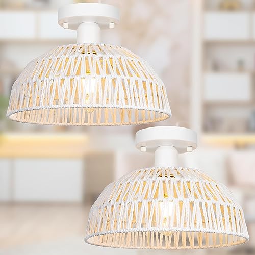 Rattan Ceiling Light Fixtures 2 Packs-White Rustic Woven Basket Flush Mount Ceiling Light, Handmade Wicker Ceiling Lamp, Rattan Chandelier For Kitchen Island, Hallway, Living Room, Bedroom, E26 Base - color: White