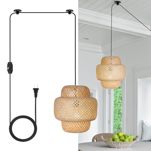 HuisMier Plug in Pendant Light Rattan Hanging Lights with Plug in Cord, Handwoven Bamboo Lampshade Hanging Lamp with Dimmable Switch, Plug in Pendant Light Fixture for Bedroom Kitchen Living Room - color: Beige