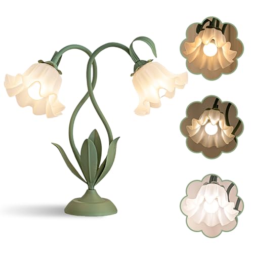 Cute Flower Table Lamp, Large Vintage Bedside Flower Lamp, 3 Colors Temperature Flower Lamp for Bedroom Living Room Bedside Reading Lighting Table Desk Lamps Home Decoration (Green) - color: Green