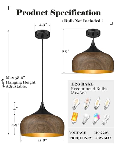 ELYONA Modern Bauhaus Pendant Light Walnut Wooden Pattern Dome Pendant Light Fixture Matte Black Metal Gold Inner Adjustable Hanging Lighting for Kitchen Island Dining Room Office Hallway Bedroom - color: Walnut & Black