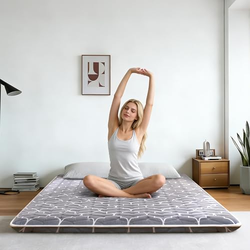 6th Generation Japanese Floor Futon Mattress - Extra-Thick 9-Layer Modern Futon with 100% High-Density Foam, Portable Floor Mattress Sleeping Pad for Adults, Guest Room, Dormitory, Queen Size(60"X80") - color: Grey, size: Queen(60"X80")