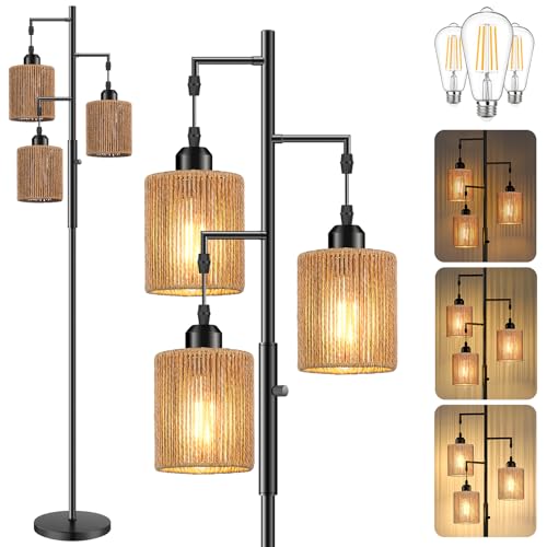 Hotsonic 72" Tall Boho Rattan Style Floor Lamp with Hand-Woven Paper Cord Shade, Dimmable Industrial Tree Standing Lamp for Living Room, Bedroom, Study Room, Office (3 x 800LM Bulbs Included) - Black - color: Black+Light Brown