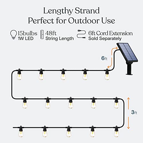 Brightech Ambience Pro Solar Powered Outdoor String Lights, 48 ft Commercial Grade Waterproof Patio Lights, 15 Edison Bulbs, Shatterproof LED String Lights for Outside, Porch - 1W Soft White - color: Bright, size: 48 Feet
