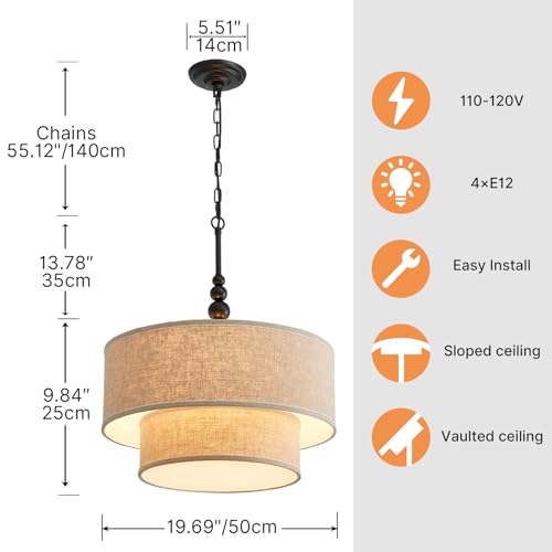 Shrine Lighting Double Drum Chandeliers, Farmhouse Style, Perfect Drum Pendant Light for Dining Room, D20'' x H10'', Adjustable Chains 55'', E12*4 Sockets, Beige Linen Fabric Lampshade & Black Rod - color: Beige&Double D20''
