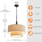 Shrine Lighting Double Drum Chandeliers, Farmhouse Style, Perfect Drum Pendant Light for Dining Room, D20'' x H10'', Adjustable Chains 55'', E12*4 Sockets, Beige Linen Fabric Lampshade & Black Rod - color: Beige&Double D20''