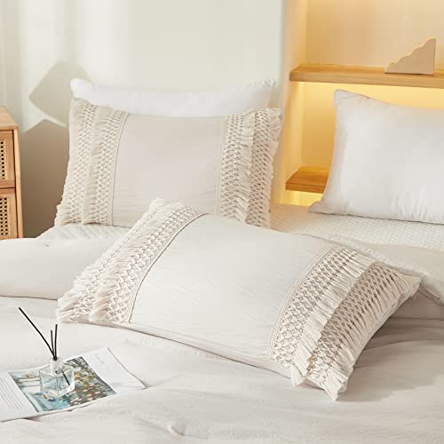 Beige Pillowcases, Macrame Tassel Pillow Cases Set of 2, 100% Washed Microfiber, Cream Decor Tassel Boho Pillow Cover, 2 Pack (King, Beige Tassel) - color: Beige Tassel, size: King, 20" x 40" (Pack of 2)