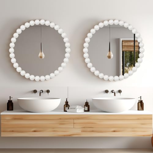 White Round Wall Mirror 24'' Wood Beaded Mirror for Wall Decor Large Circle Decorative Wall Mirror White Hanging Mirror for Bathroom,Bedroom,Living Room,Nursery Room,Kids Room - size: 24"L x 24"W
