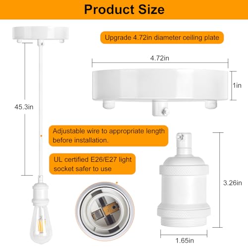 Upgraded White Pendant Light kit, UL E26/E27 Lamp Socket with Aluminium Enclosure Pendant Light Cord, Industrial Hanging Light Cord Kit with Adjustable Length, Mini Edison Retro Lamp Socket