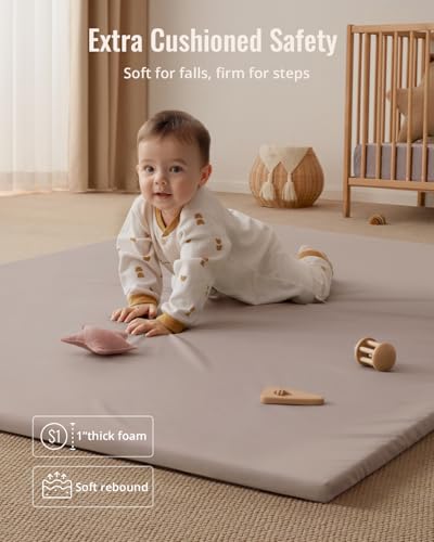 Blissful Diary Vegan Leather Baby Play Mat, 71x59 Thicken Foam Cushioned & Waterproof Playpen Mat for Infants and Toddlers, Stylish and Just Wipe-Clean Playmat for Baby Play on Floor, Taupe - color: Taupe, size: 71" X 59"