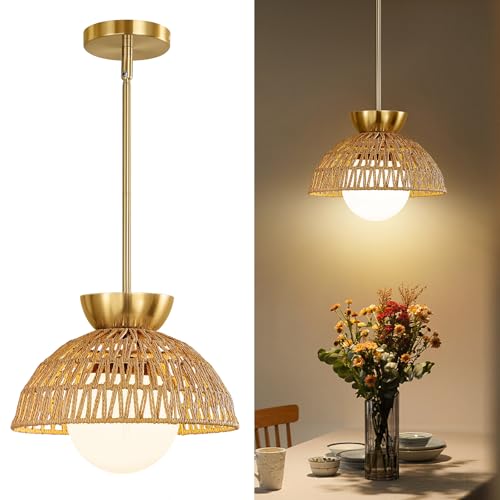 AIJIASI Rattan Pendant Light, 11.8" Hand Woven Boho Pendant Light Fixture with Milk Glass Globe, Gold Kitchen Pendant Lighting Over Island Adjustable Chandelier for Dining Room Hallway Foyer - color: Gold