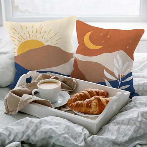 HIWX Boho Pillow Covers, Boho Sun Moon Mountains Decorative Pillowcase Throw Pillow Cover 18x18,Boho Throw Pillows,Boho Sun Desert for Sofa Bed Room Home Bedroom Decor Set of 2 Pillow Case（Orange） - color: Orange-boho-set of 2