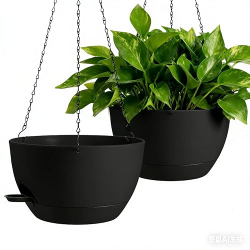 13-inch Oversized Hanging Planter Set of Two,Planters for Indoor and Outdoor Plants.Place Plant pots Across Diverse Settings Including windowsills,Living Room,and Gardens.Black - color: Pure Black, size: 13 inch