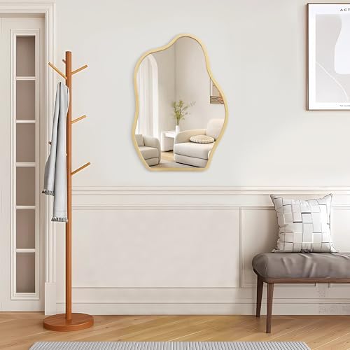 Gold Irregular Mirror for Wall Decor - Modern Asymmetrical Wooden Framed Wavy Mirror - Decorative for Living Room, Bedroom, Bathroom, Entryway - Gray - color: Gold, size: 26"L x 18"W