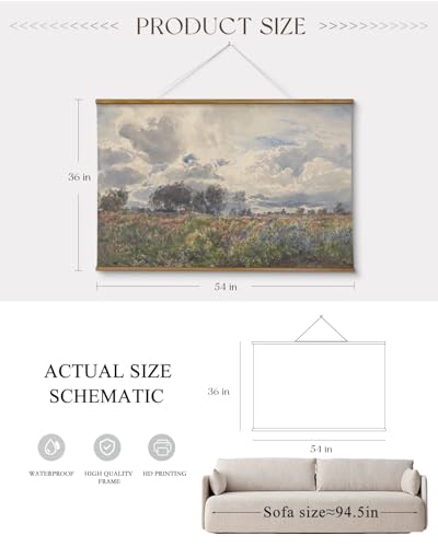 ARPEOTCY Extra Large Vintage Framed Wall Art, 36x54 Inch Farmhouse Retro Watercolor Sky Field Landscape Hanging Wall Art, Large Rustic Canvas Home Decor Aesthetic for Living Room Bedroom Office - color: Windy Countryside