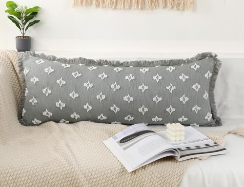 Boho Long Lumbar Pillow Cover 14x36 with Tassel Fringe,3D Flower Patterned Extra Decorative Long Lumbar Pillow Cover Case for Sofa Couch Bed Livingroom Farmhouse,Blue Grey - color: Blue Grey, size: 36" x 14" (Pack of 1)