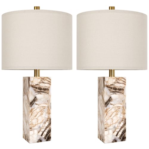 Scenekoy 23" Modern Alabaster Table Lamps Set of 2 with Night Light for Bedroom, Rotary Switch, Bedside Lamp with Linen Shade, Brown Table Lamp for Living Room Nightstand Office (Bulb Included) - color: Brown