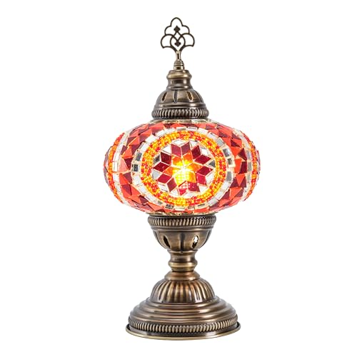 Turkish Mosaic Desk Lamp with Bulb – Orange Red Tiffany-Style Glass, Vintage Bohemian Bedside & Salon Decorative Light with E12 Socket & US Plug - color: Orange Red