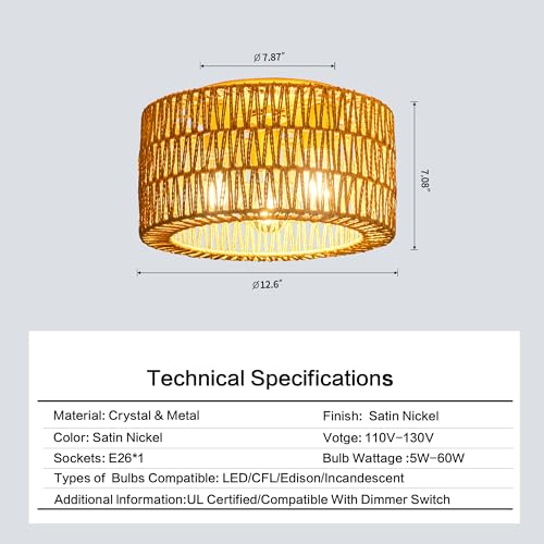 Rattan Ceiling Light Fixture, 3 Light Bohemian Modern Woven Ceiling Light, Boho Flush Mount Ceiling Light for Bedroom Living Room Dining Room, Bulb NOT Included - color: Gold, size: 3-Light-Round