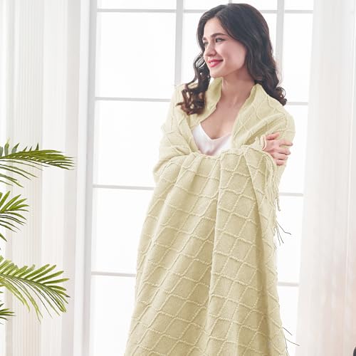 inhand Knitted Throw Blanket for Couch and Bed, Soft Living Room Home Decor Knitted Blanket with Tassel, Outdoor Lightweight Breathable Summer Blanket, Farmhouse Warm Woven Decorative, 50"x60" - color: Cloud Cream, size: 50"x60"