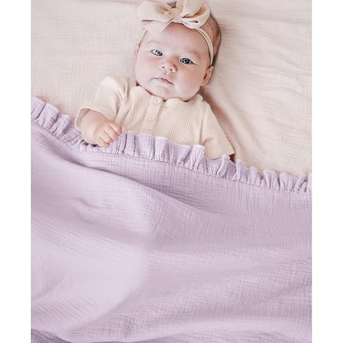 Konssy Flounce Muslin Baby Blanket for Girls Boys, 100% Cotton Soft Crib Swaddle Blankets, Reversible & Breathable Nursery Bedding for Newborns Toddlers, 43x39 Inches (Purple) - color: Purple, size: 43"x39"