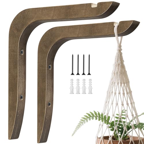 Wooden Plants Hanger, Plant Hangers Indoor Wall Mount, 8.58-Inch Hanging Plant Hooks for Wall, Basket Hooks for Lanterns, Flower Bracket, Wind Chimes, Lamp, Bird Feeders, Patio Decor(Brown 2PCS) - color: Brown 2PCS