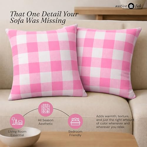 Native Fab Premium Throw Pillow Covers 2 Pack, 20x20 Inches, 100% Cotton, Charming Buffalo Check, Soft, Washable Cushion Cases, Farmhouse Decor for Valentines, Bridal Shower, Home, Rose Pink & White - color: Buffalo Rose Pink, size: 20" x 20" (Pack of 2)