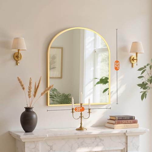 NEWBULIG 32X30 Inch Arched Bathroom Mirror for Wall, Vanity Bathroom Mirrors for Over Sink Tempered Glass, Anti-Rust Arched Metal Framed, Hangs Horizontally or Vertically, Farmhouse Home Decor, Gold - color: Gold-arched, size: 32"L x 31"W