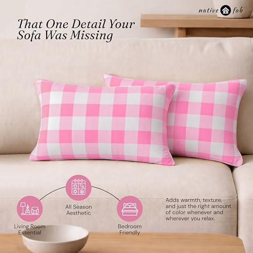 Native Fab Premium Throw Pillow Covers 2 Pack, 12x20 Inches, 100% Cotton, Charming Buffalo Check, Soft, Washable Cushion Cases, Farmhouse Decor for Valentines, Bridal Shower, Home, Rose Pink & White - color: Buffalo Rose Pink, size: 20" x 12" (Pack of 2)