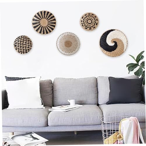 5-Pack Hanging Rattan Woven Wall Basket Decor Set 7.9 9.8 11.8 Inch - Rustic Wall Art Key Tray for Living Room Bedroom Kitchen