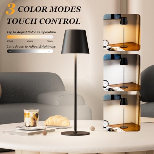 Kakanuo Cordless Table Lamp Rechargeable Black - KK 4 Pack Battery Operated Lamp for Dining Table, 3 Color Stepless Dimming Wireless Lamp for Counter, Outdoor Patio, Touch Control - color: Black 1, size: 4 Pack 14in - Down Light