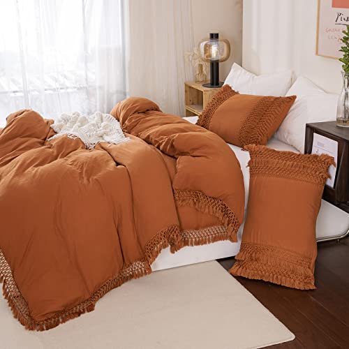 Burnt Orange Pillowcases, Macrame Tassel Pillow Cases Set of 2, 100% Washed Microfiber, Caramel Decor Tassel Boho Pillow Cover, 2 Pack (King, Rust Tassel) - color: Rust Tassel, size: King, 20" x 40" (Pack of 2)