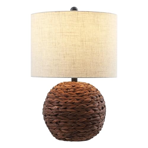 JONATHAN Y 21.5" Dark Brown Modern Coastal Woven Rattan Globe LED Table Lamp for Bedroom, Oatmeal Linen Drum Shade, LED Bulb Included, Rustic Bedside Lamp for Living Room (JYL6514B) - color: Dark Brown