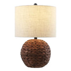 JONATHAN Y 21.5" Dark Brown Modern Coastal Woven Rattan Globe LED Table Lamp for Bedroom, Oatmeal Linen Drum Shade, LED Bulb Included, Rustic Bedside Lamp for Living Room (JYL6514B) - color: Dark Brown