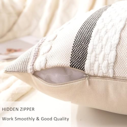 Boho Throw Pillow Covers 18x18 Set of 2 Farmhouse Decorative Cushion Case Striped Square Pillows Cover Chenille Pillow Cases Accent Neutral Pillowcase for Sofa Couch Bed,White - color: White Stripe