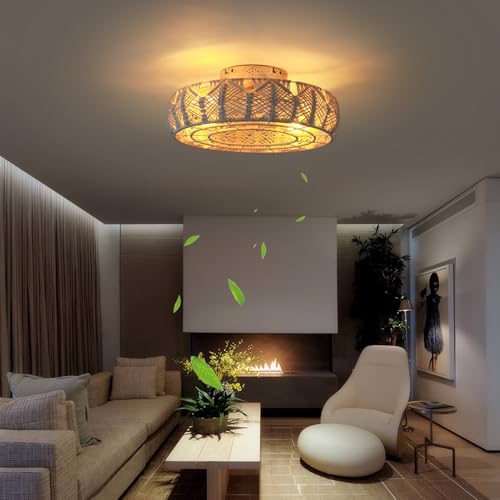 Boho Caged Ceiling Fans with Lights and Remote 20" Flush Mount 6-Speed Reversible Enclosed Low Profile Handmade Cotton Rope Bladeless Ceiling Fan with Light,for Bedroom, Living Room, Kitchen - color: Yellow