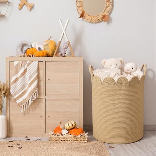 LemonRoad Brown Round Tall Basket Large Blanket Basket 15" L X 15" W X 19.7" H Scalloped Woven Baskets Cotton Storage Baskets for Nursery Classroom Closet Blankets Storage Home Decor - color: Brown, size: 15" L X 15" W X19.7" H