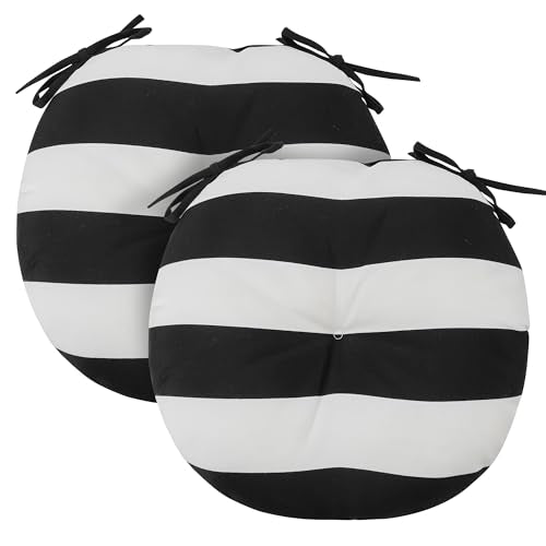 FUNHOME 15"x15"x4" Bistro Chair Cushion Set of 2, Water Repellent Round Outdoor Chair Cushions with Ties, Patio Tufted Chair Pads for Home Garden (Black White Stripe) - color: Black White Stripe