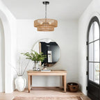 21.6 Inch Boho Rattan Chandelier, 5-Lights Hand Woven Bohemian Chandeliers with 2-Tier Drum Wicker Shade, Modern Farmhouse Large Pendant Light Fixture for Dining Room Living Entryway Bedroom - color: Matte Black Metal, size: 21.6 Inch