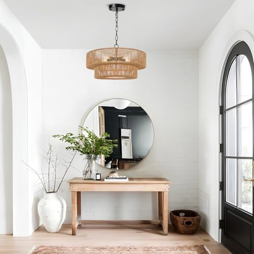 21.6 Inch Boho Rattan Chandelier, 5-Lights Hand Woven Bohemian Chandeliers with 2-Tier Drum Wicker Shade, Modern Farmhouse Large Pendant Light Fixture for Dining Room Living Entryway Bedroom - color: Matte Black Metal, size: 21.6 Inch