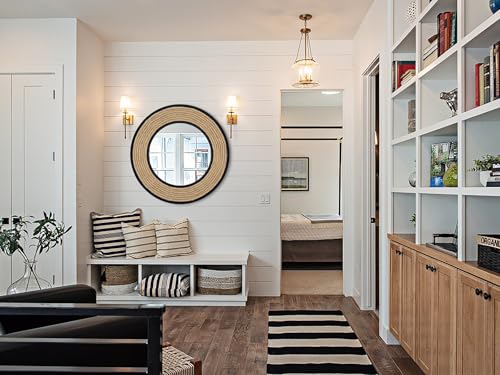 30'' Nautical Round Mirror, Black | Rattan & Metal Frame, Ship Rudder Design, Boho Coastal Wall Decor, , For Bathroom, Living Room, Dining Room, Entryway