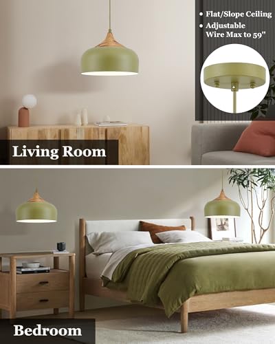 ELYONA Vintage Pendant Light Fixtures with Faux Pine Wood Grain, 12 Inch Adjustable Hanging Light Moss Green Metal Shade, Mid Century Modern Japandi Pendant Lamp for Kitchen Island Dining Room Bedroom - color: Moss Green