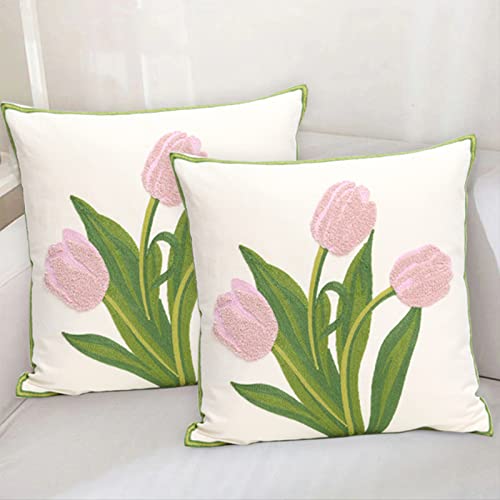 Pack of 2 Embroidered Decorative Throw Pillow Cover 18x18 Inch Farmhouse Floral Pillowcase for Living Room Sofa Bed (Pink Tulip) - color: Pink Tulip