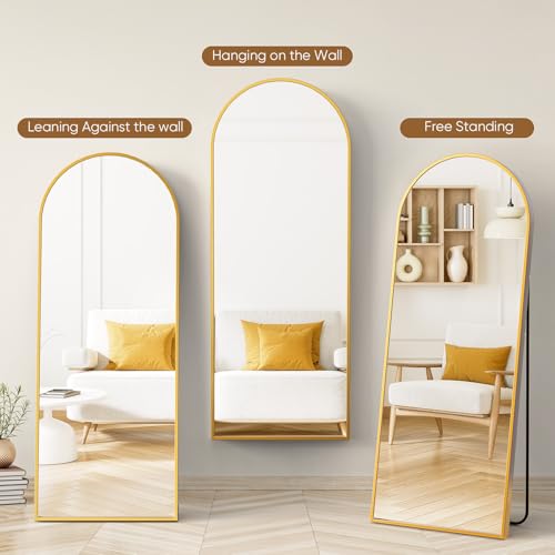 DUMOS 70.4"x25.6" Arched Full Length Mirror with Stand, Floor Body Mirror Shatter-proorf Nano Glass with Aluminum Frame, Free Standing or Hanging Leaning Modern Simple Home Decor, Gold - color: Gold-rounded, size: 70.4"L x 25.6"W