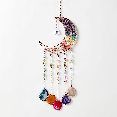Agate Gemstone Dream Catcher 7 Chakra Tree of Life Dream Catcher with Rainbow Crystal Stones Handmade Dreamcatcher Wall Decor for Adults Boys Girls,Bedroom,Wedding,Garden,Bless Gift(Rainbow Moon) - color: Rainbow Moon Agate